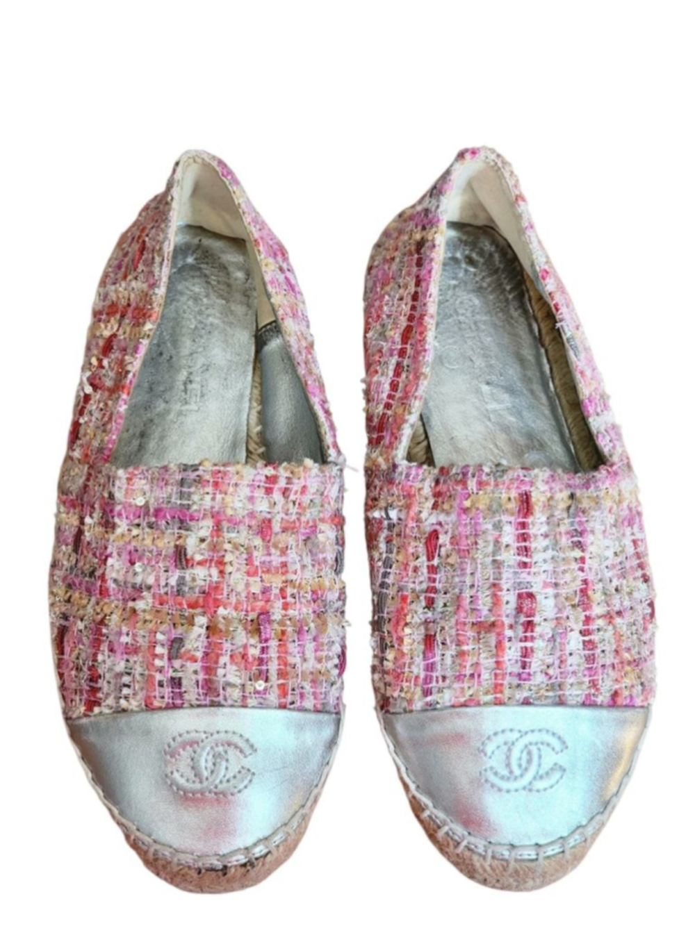CHANEL Tweed Espadrilles Silver Metallic Cap Toe Flats Size 36 6 Pink